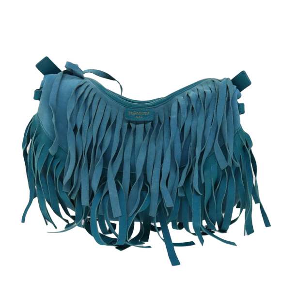 SAINT LAURENT Chain Fringe Shoulder Bag Suede Leather Blue Auth yk7582 - Picture 2 of 16